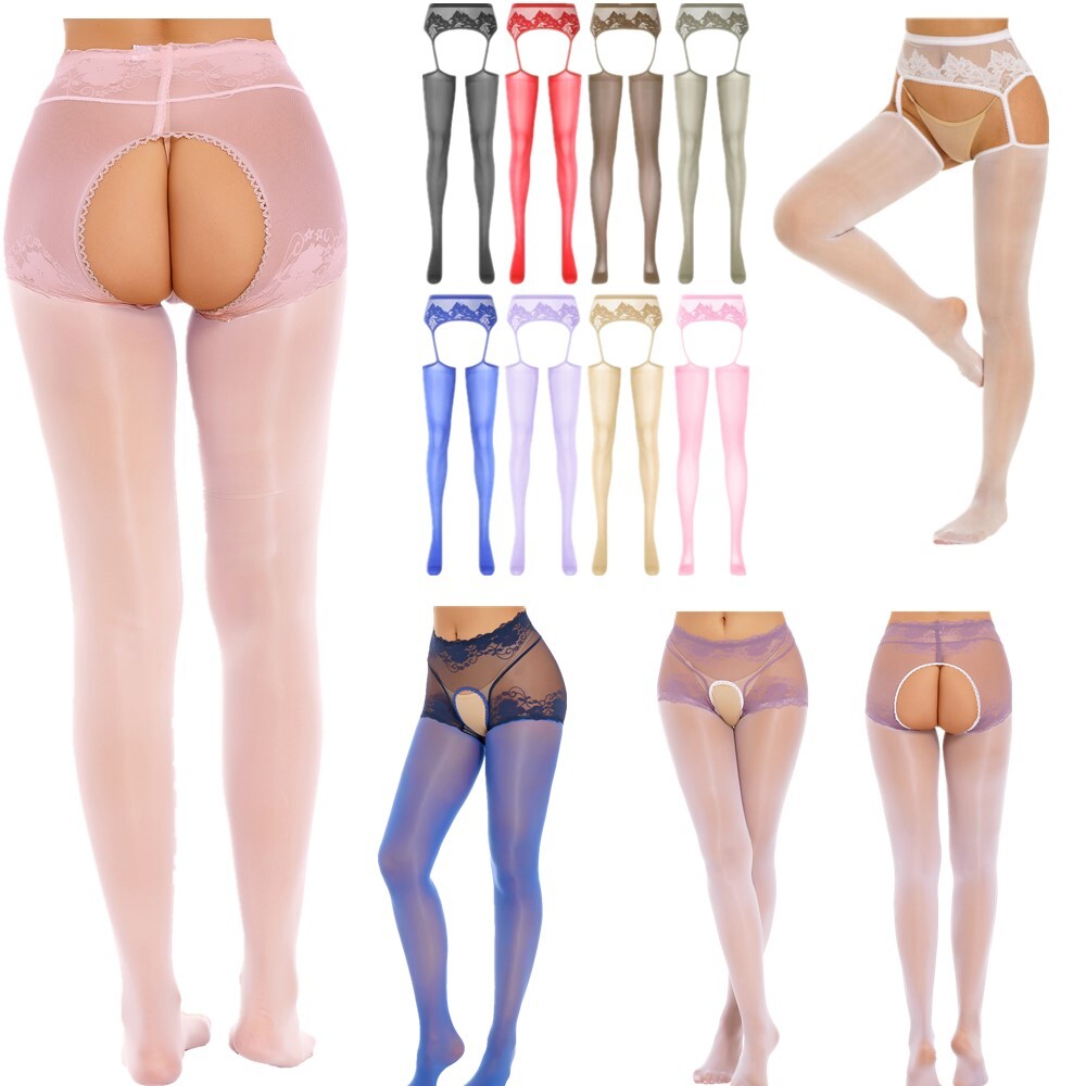 US Woman’s Lace Thigh High Stockings Garter Belt Hold Up Shimmery Oil Silk Pants