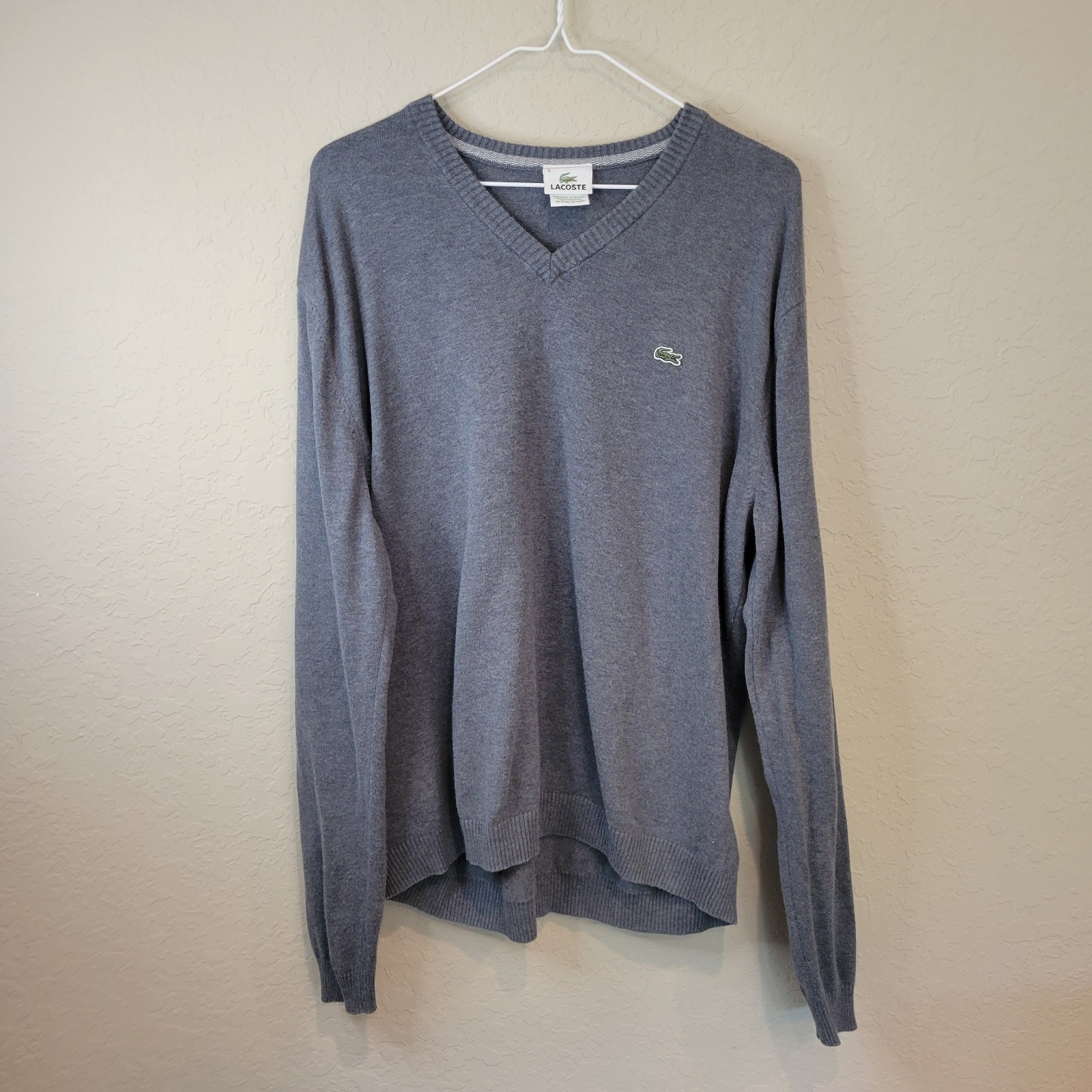 Vintage Lacoste V-Neck Sweater Grey Size 6/Large Cotton Pullover Made in Tunisia