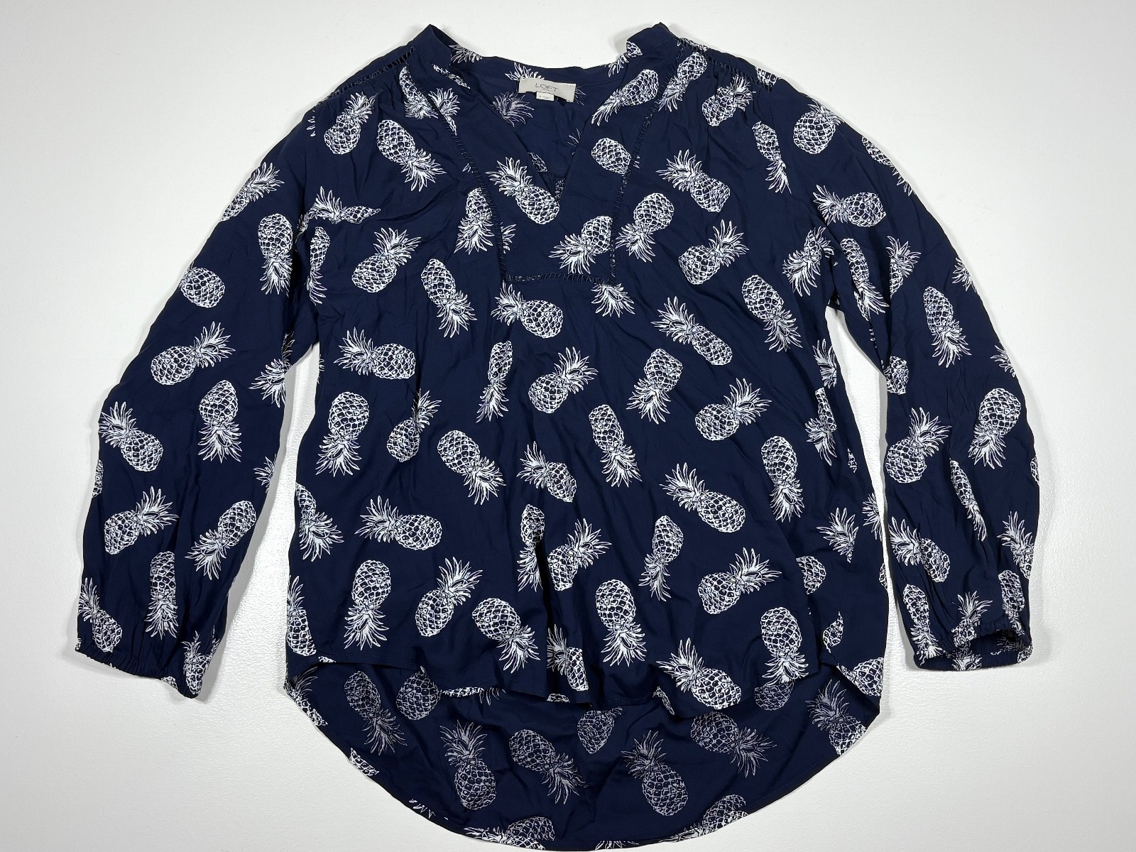 LOFT Blouse Women Small Navy Pineapple Print Rayon Resort Coastal Ladder Lace