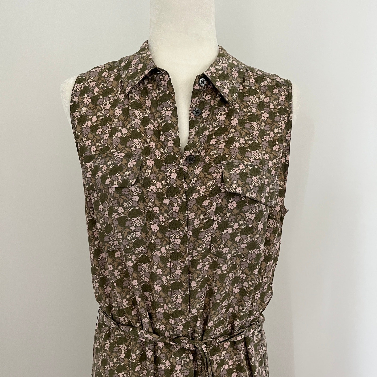 Equipment Femme Tegan Silk Sleeveless Midi Shirt Dress Green Floral Medium