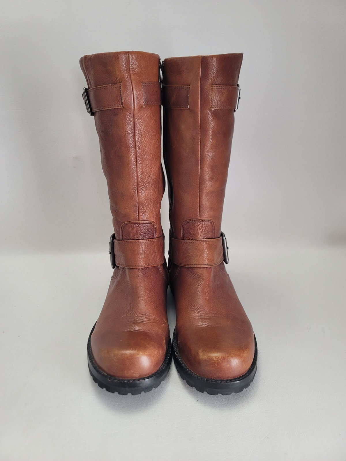 Gentle Souls Brown Camden Moto Double Buckled Up Pebbled Leather Boots Size 8.5