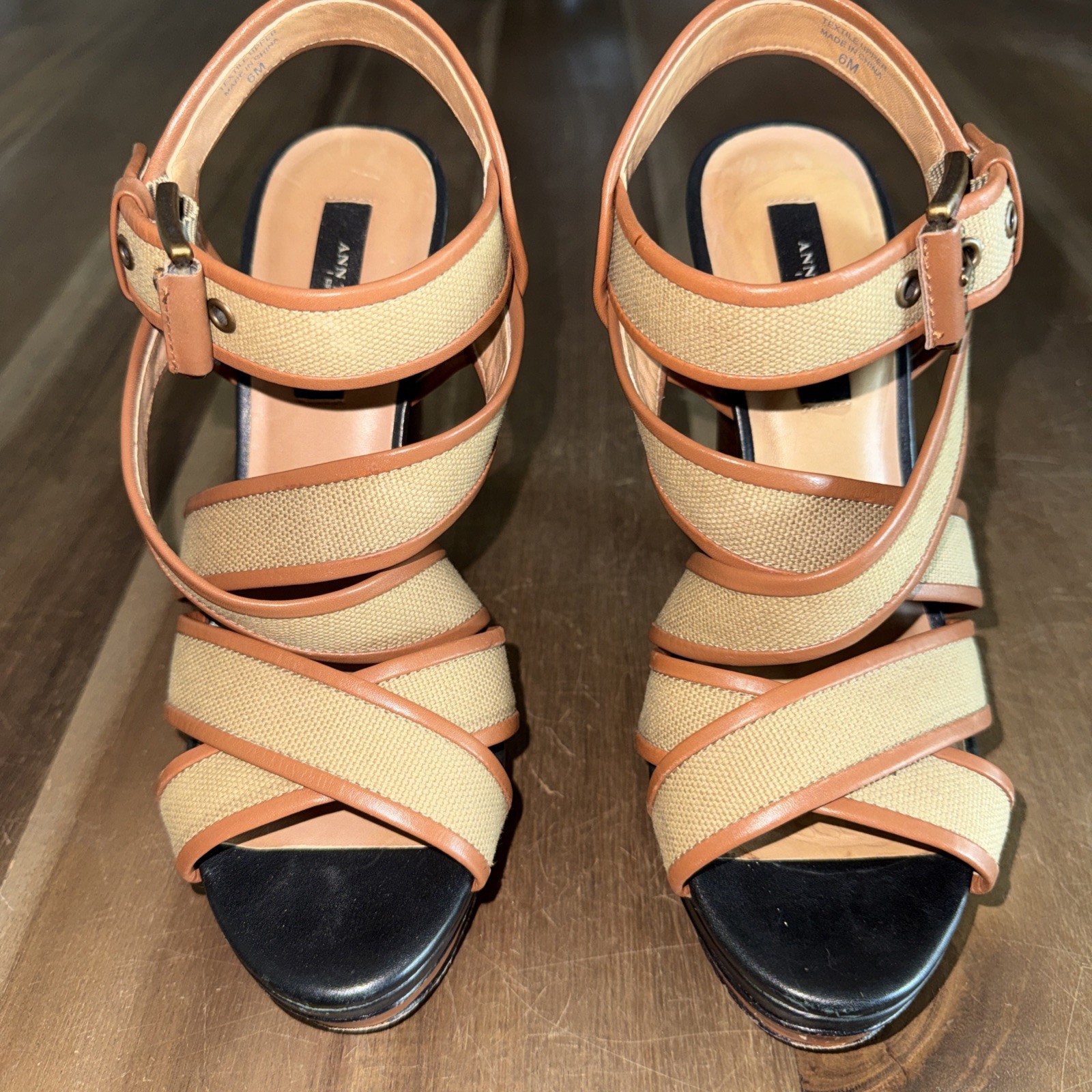 Ann Taylor Strappy Platform High Heel Sandals 7M Tan Safari Canvas Cone 5″ Heel