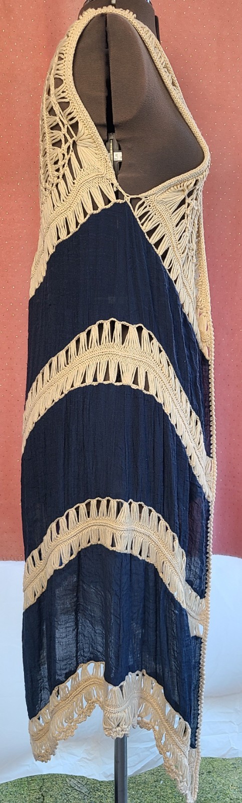 Cream & Blue Crochet Duster Over Wrap. Boho, Hippie Sz: M, Vivid Importers Of NY