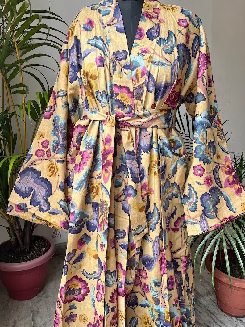 Indian Yellow Floral Printed Cotton Robe Long Kimono Sleepwear Night Suit Kimono