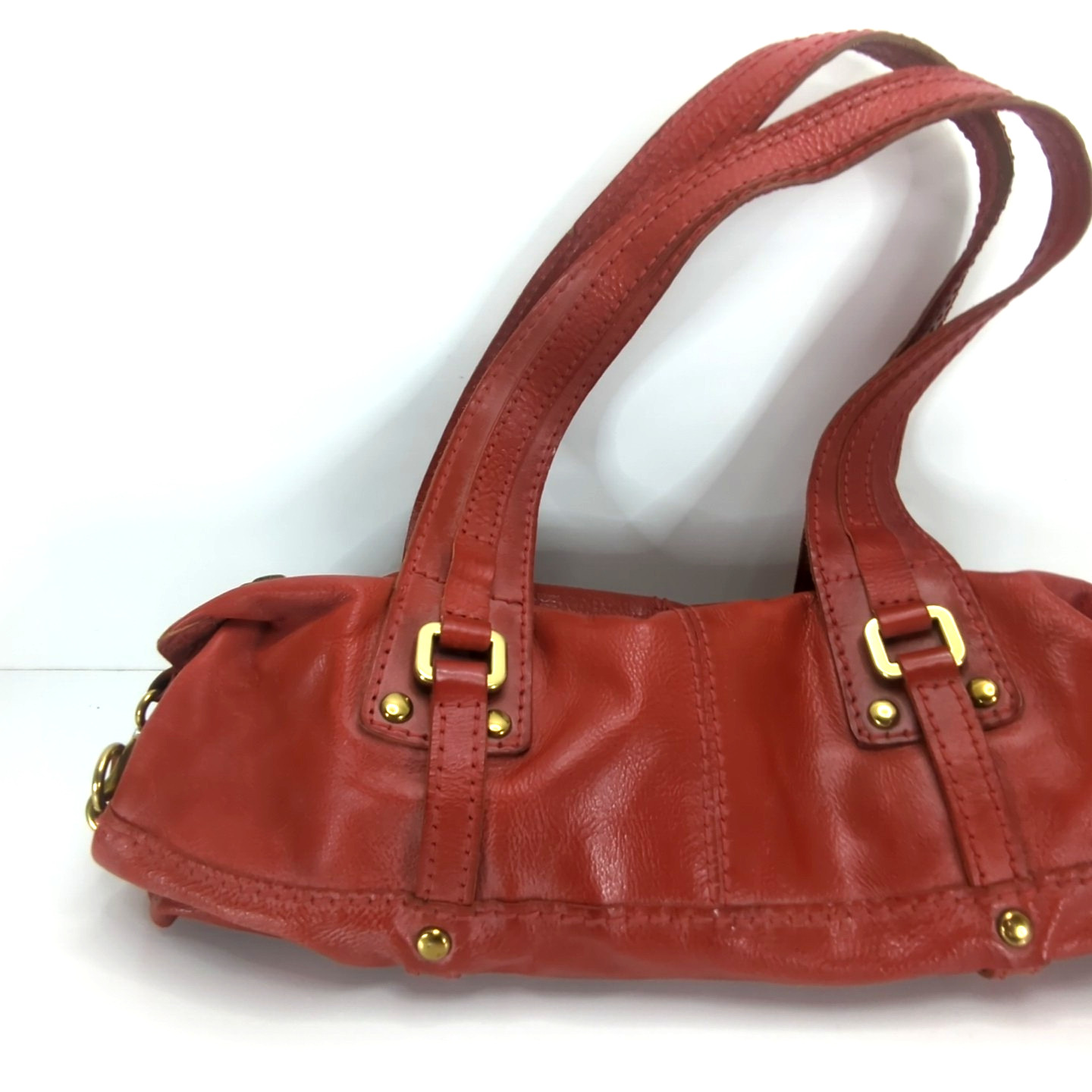 Fossil Fifty Four Handbag Double Handle Red/Tan Gold Tone Hardware 9″H Used