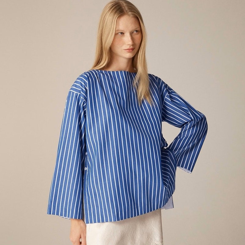 J.Crew Ciel Top WMNS L Deep Sea Stripe Poplin Waist Tie Side Button Long Sleeve