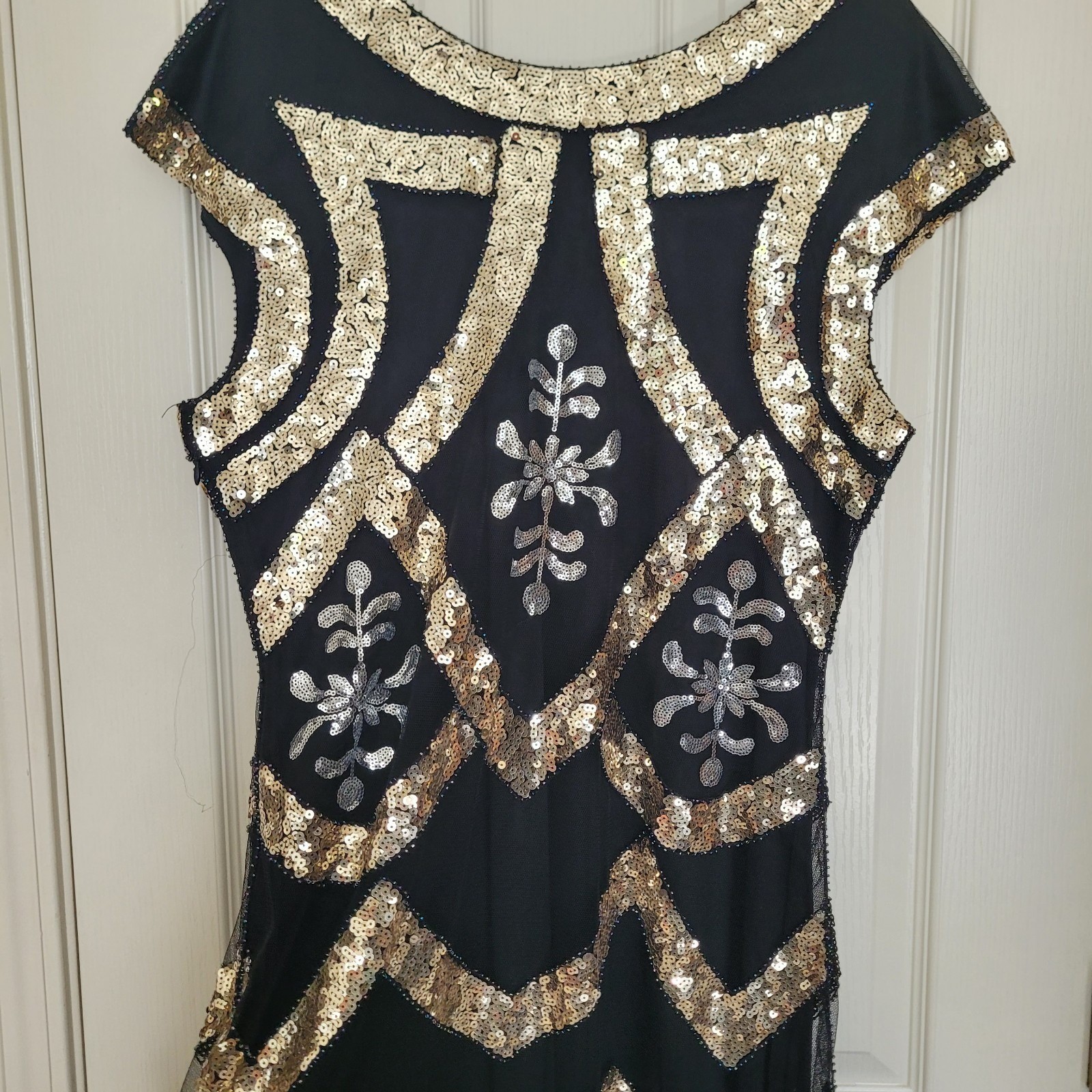 XXL Black Gold Mesh Gown Long Formal Dress Sequin Beaded Geometric Gatsby
