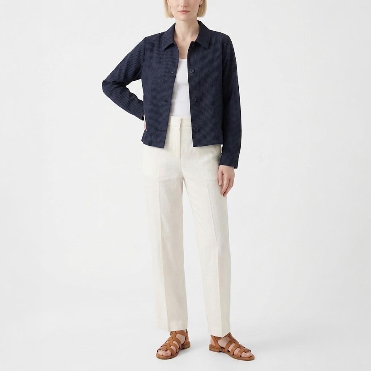 NWT Eileen Fisher Organic Cotton Pucker Check Classic Collar Jacket, Size PP-3X