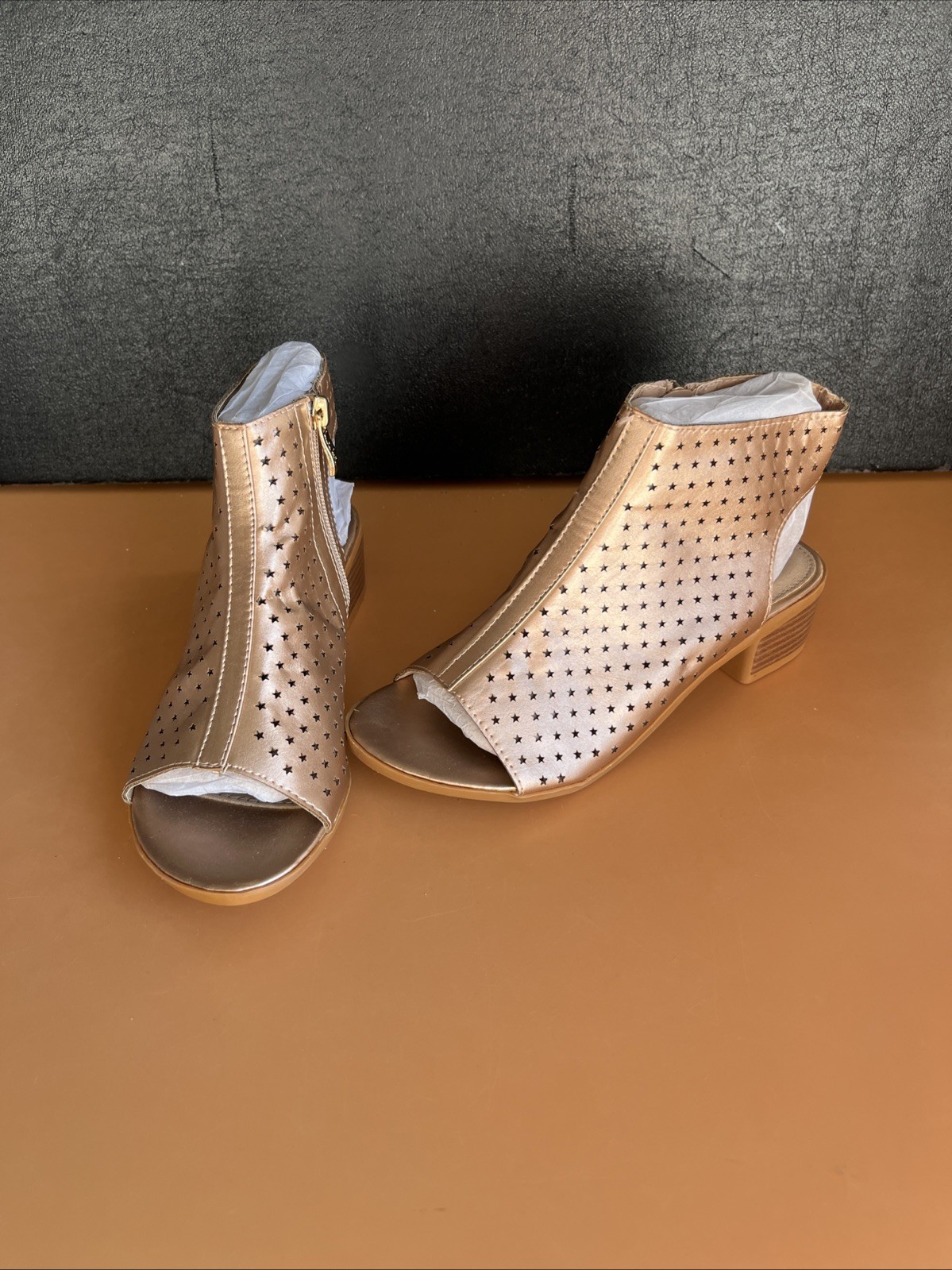 Nicole Miller Shoes Size 4 Gold, Star, Open Toe Zip Boot Open Heel