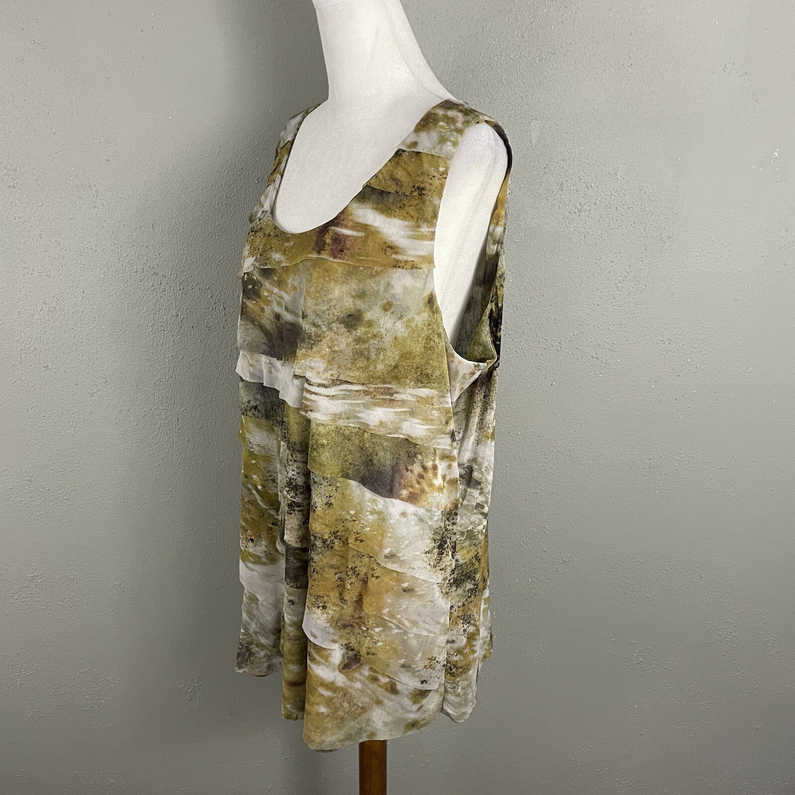 Coldwater Creek Plus Size 1X Mesh Top Layered Sleeveless Brown Mustard Multi