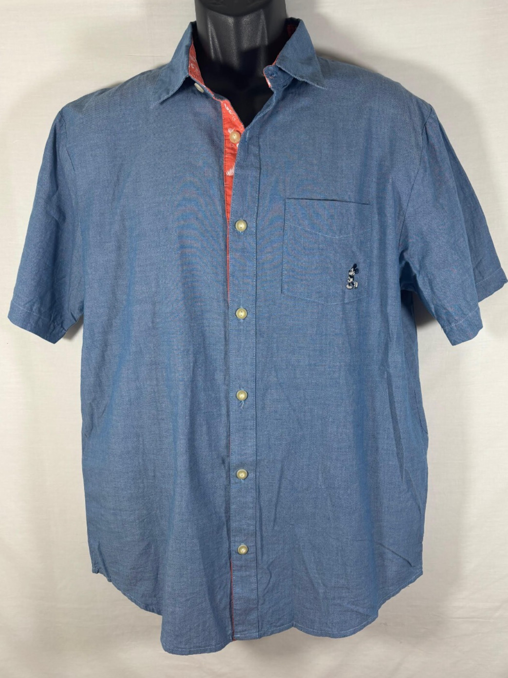 Disney Parks Button Shirt Men’s Medium Mickey Embroidered Chambray Short Sleeve
