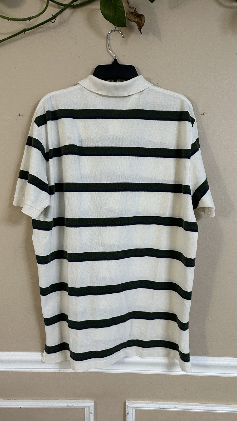 Men’s XL Striped Knit Polo Shirt White Green Blue Logo