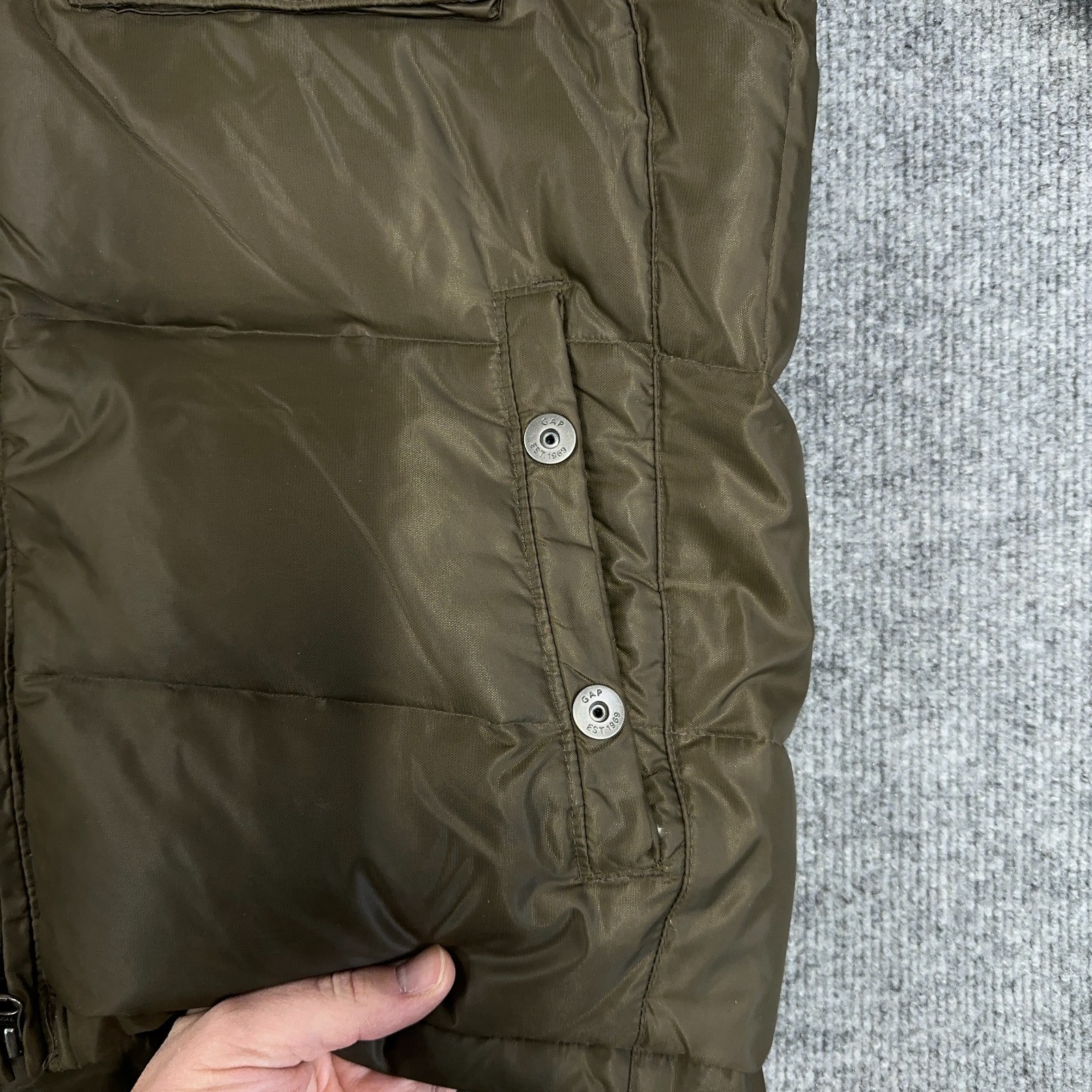 GAP Parka Coat Men Small Olive Green Military Puffer Jacket Down Hood Lined