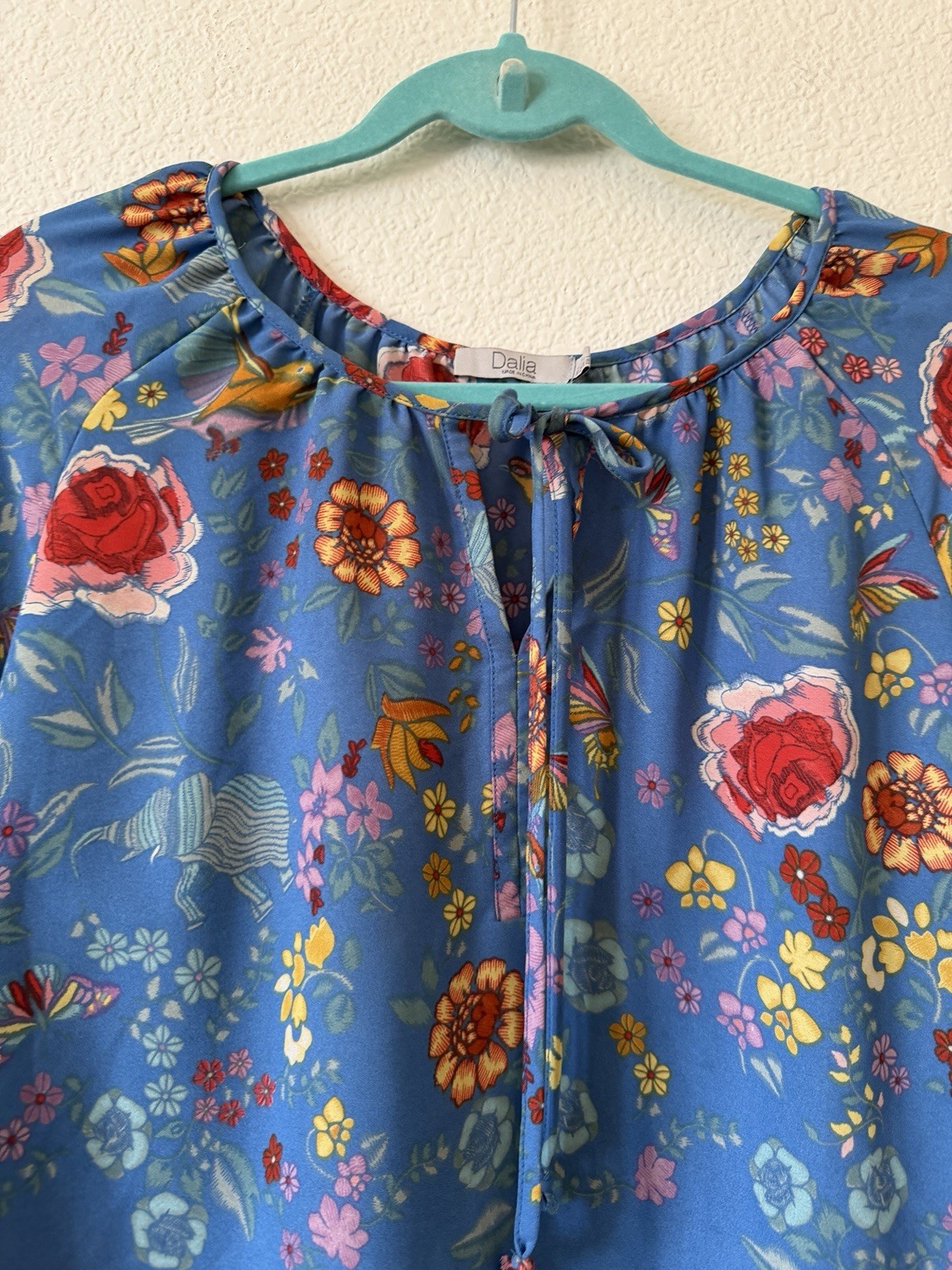 Dalia Women’s Blue Floral Long Sleeve Peasant Blouse Tie Neck Boho Top Size L