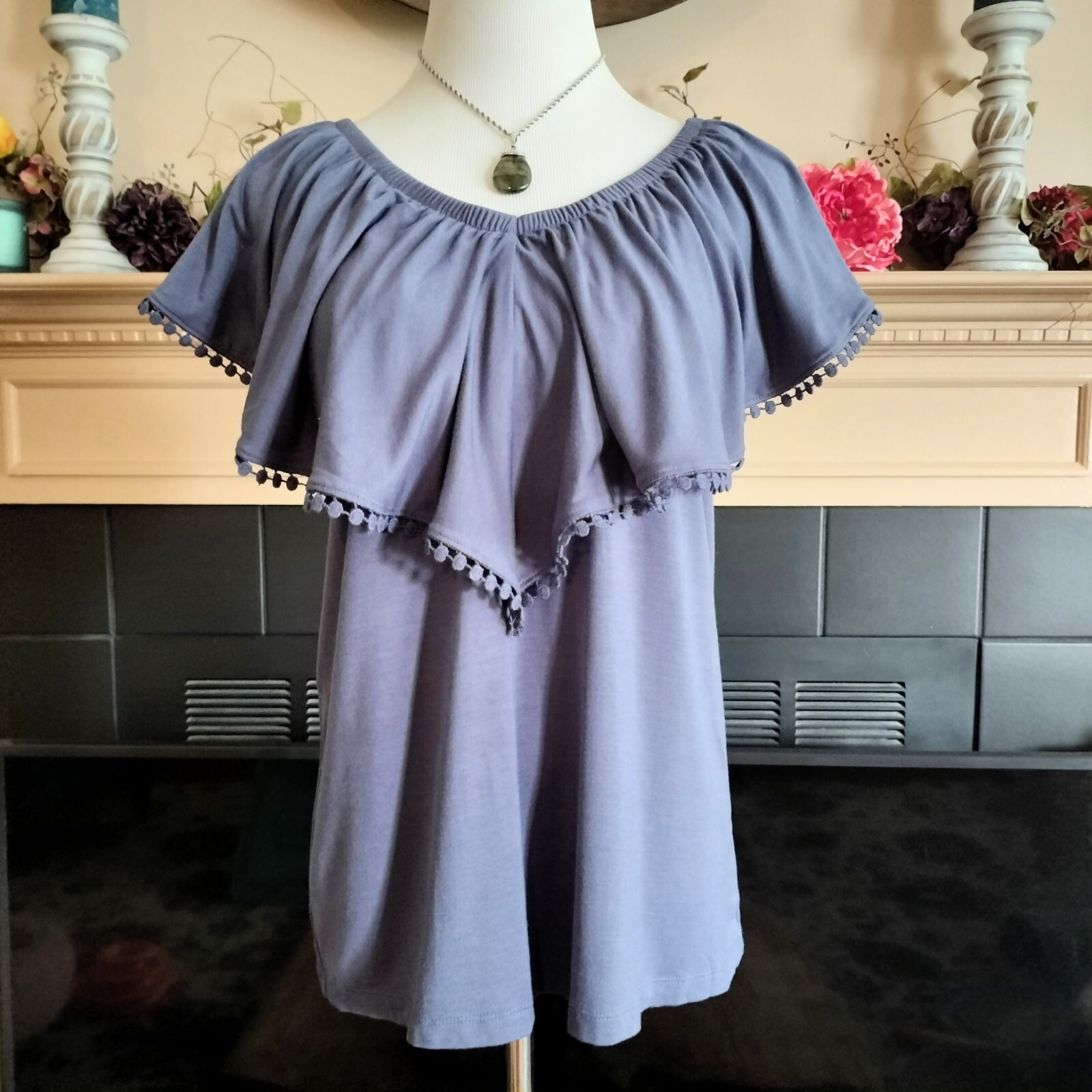 Pleione Ruffle Overlay Sleeveless Knit Top M Blue V-Neck Embroidered Trim