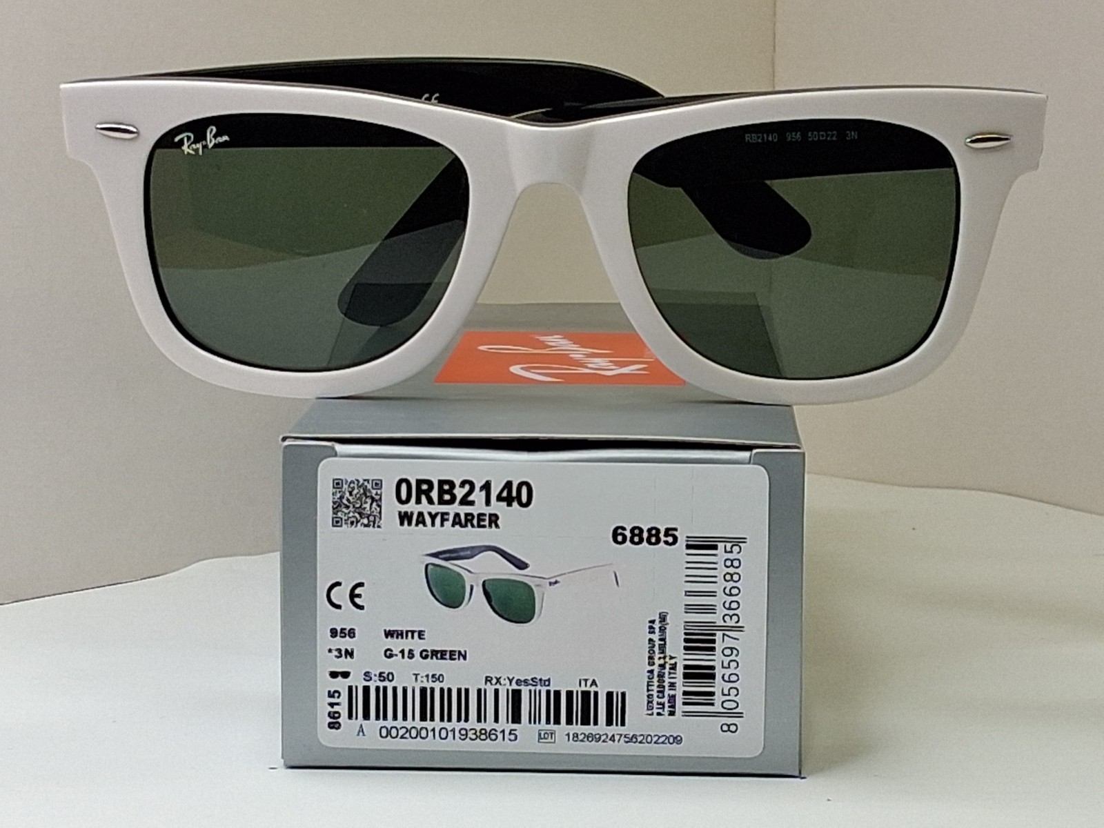 White On Black Classic Ray Ban Wayfarer Unisex Sunglasses. Made In Italy. New
