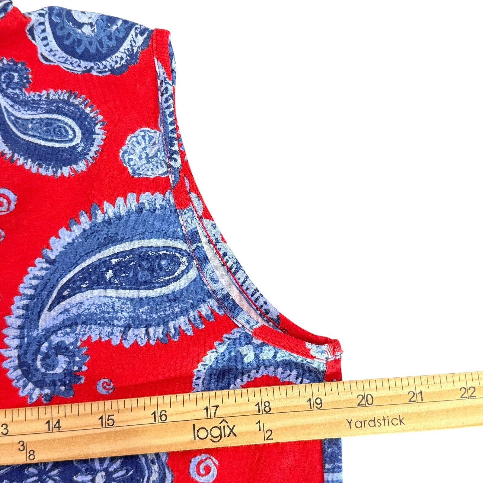 Ana Clare Paisley Shift Short Dress Size L Red Lace Trim Coastal Resort wear