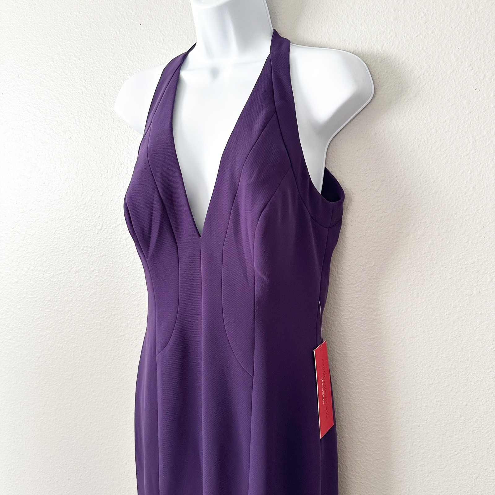 Carmen Marc Valvo Infusion Purple Halter Neck Deep V Neck Trumpet Gown Size 10
