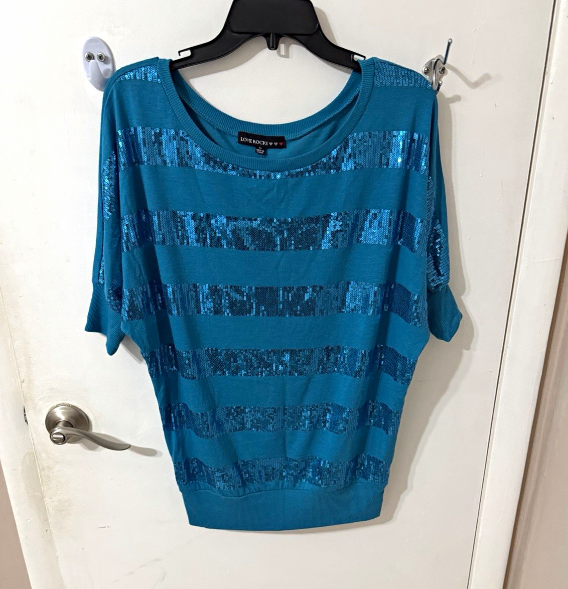 Love Rocks L Blue Sequin Striped Knit Scoop Neck Dolman 3/4 Sleeve Top