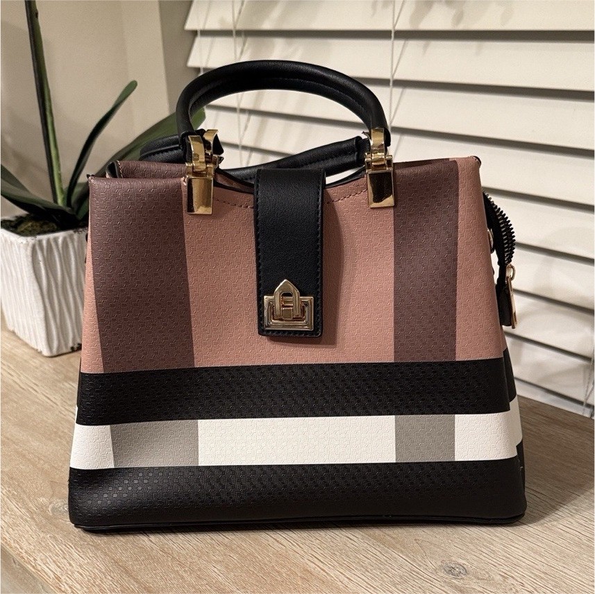 Color Block Satchel Top Handle Bag Gold Hardware Turn Lock Accent Striped Women