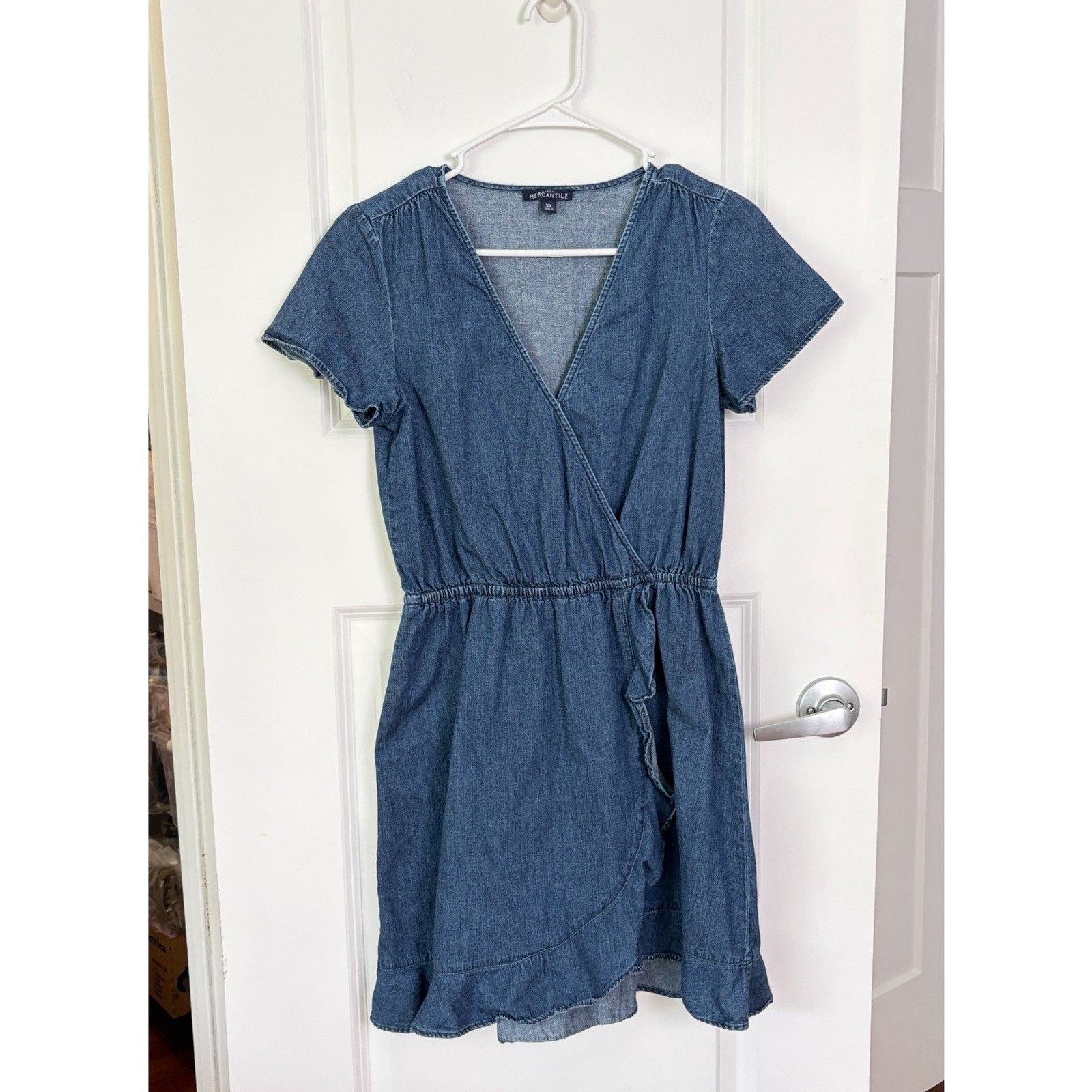 J.Crew Mercantile Denim Faux Wrap Dress XS Cotton Ruffle Trim Coastal Grandma