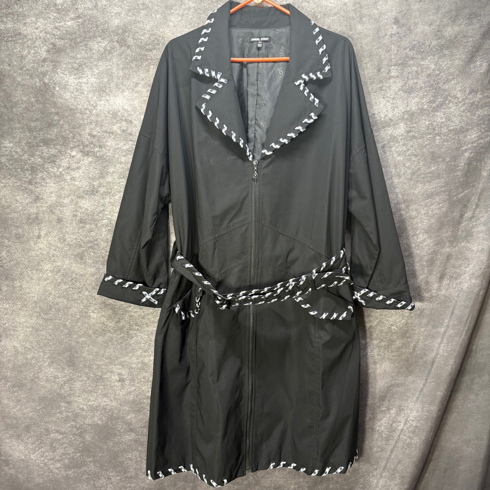 Samuel Dong Trench Coat Women’s XL Black Gingham Ribbon Wrap Trim Belted