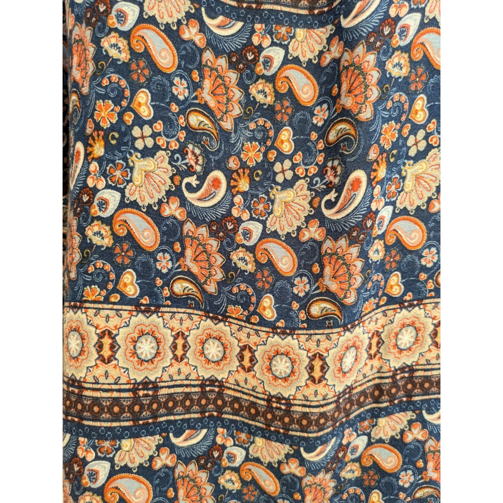 Wonderly Boho Top Large Brown Blue Paisley Stripe Gold Split Neck Flowy Peasant
