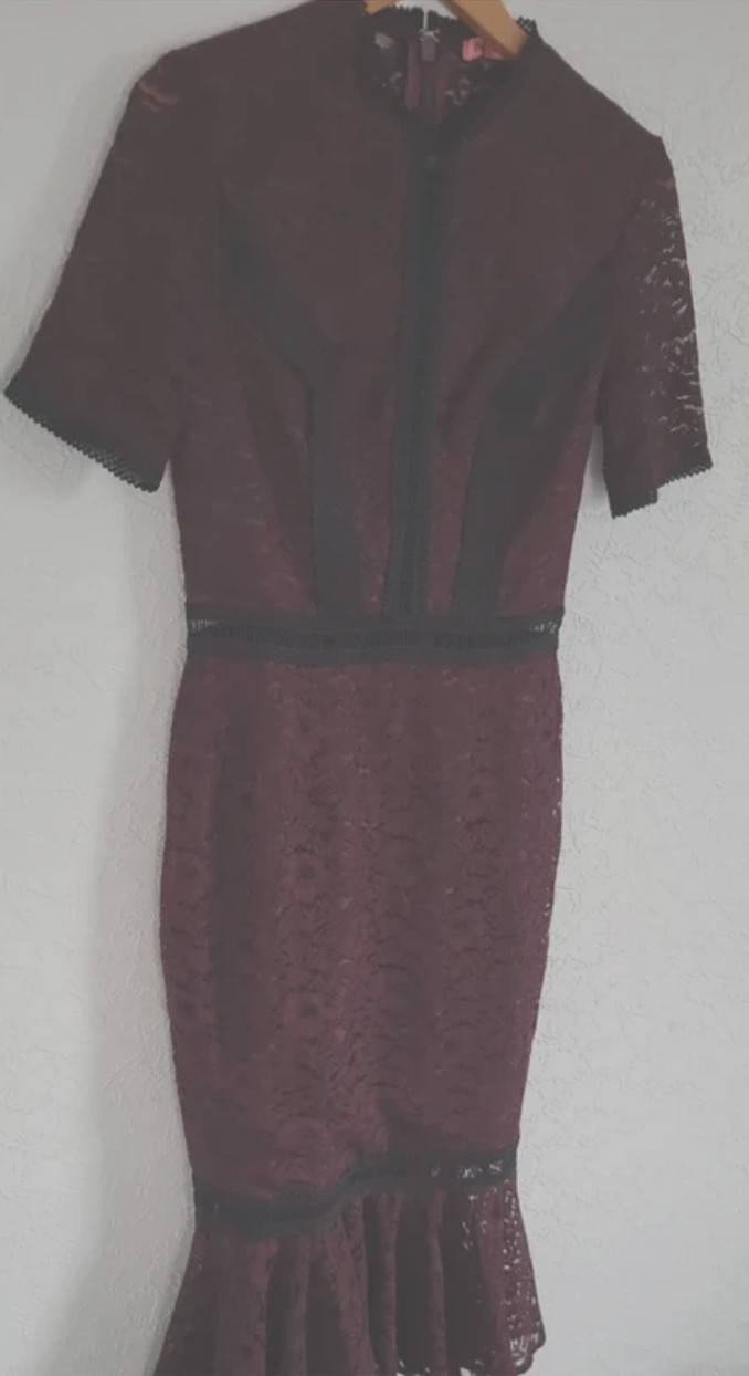Chi Chi Sharney Dress Berry Red Black Inserts Pencil Style Frill Hem Midi 8-10