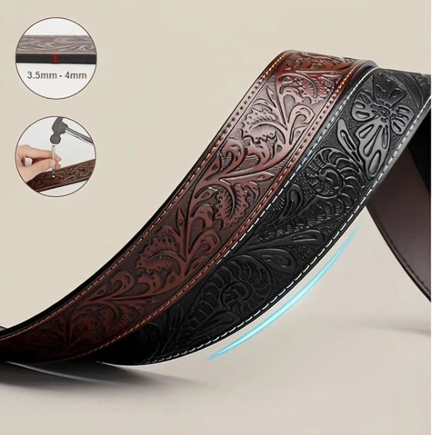 No Buckle Men’s Western Cowboy Belt Strap with Embossed Pattern