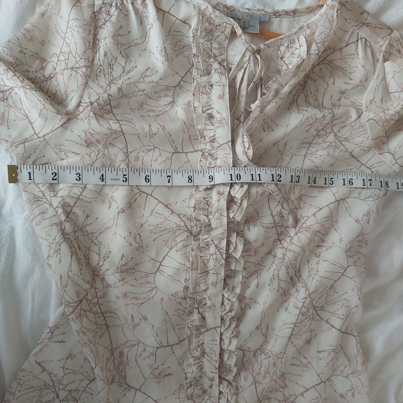 H&M Off White Botanical Ruffle Long Sleeve Blouse Size Medium Tie