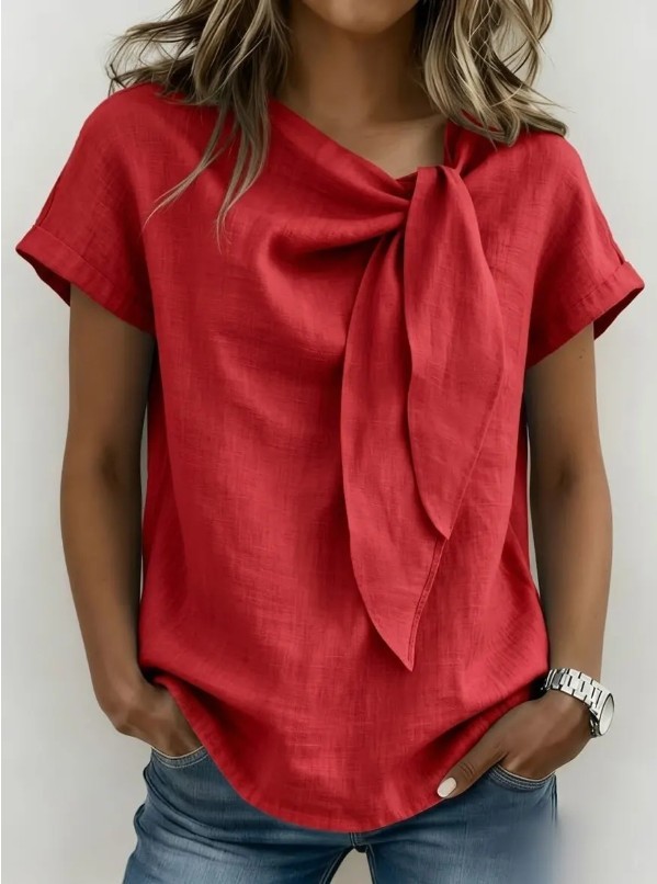 Women’s Bow Neck Short Sleeve Blouse Casual Solid T-Shirt
