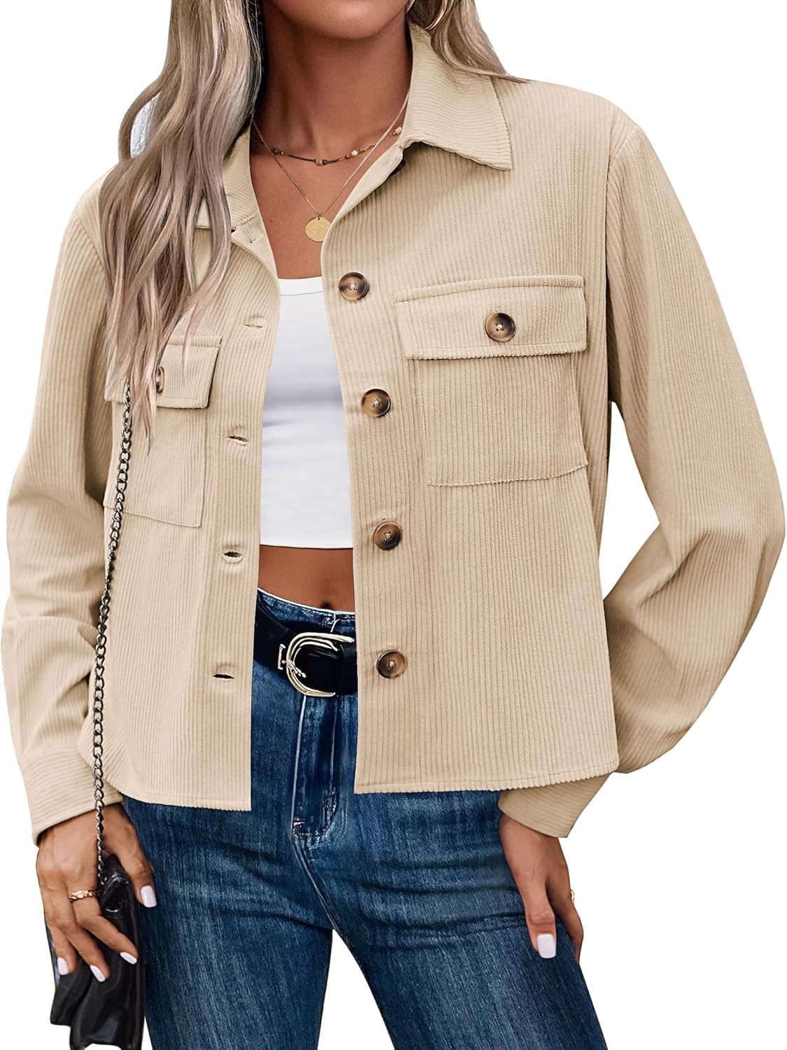 Women Cropped Corduroy Shackets Button Down Jackets Tops Fall long Sleeve Shirt
