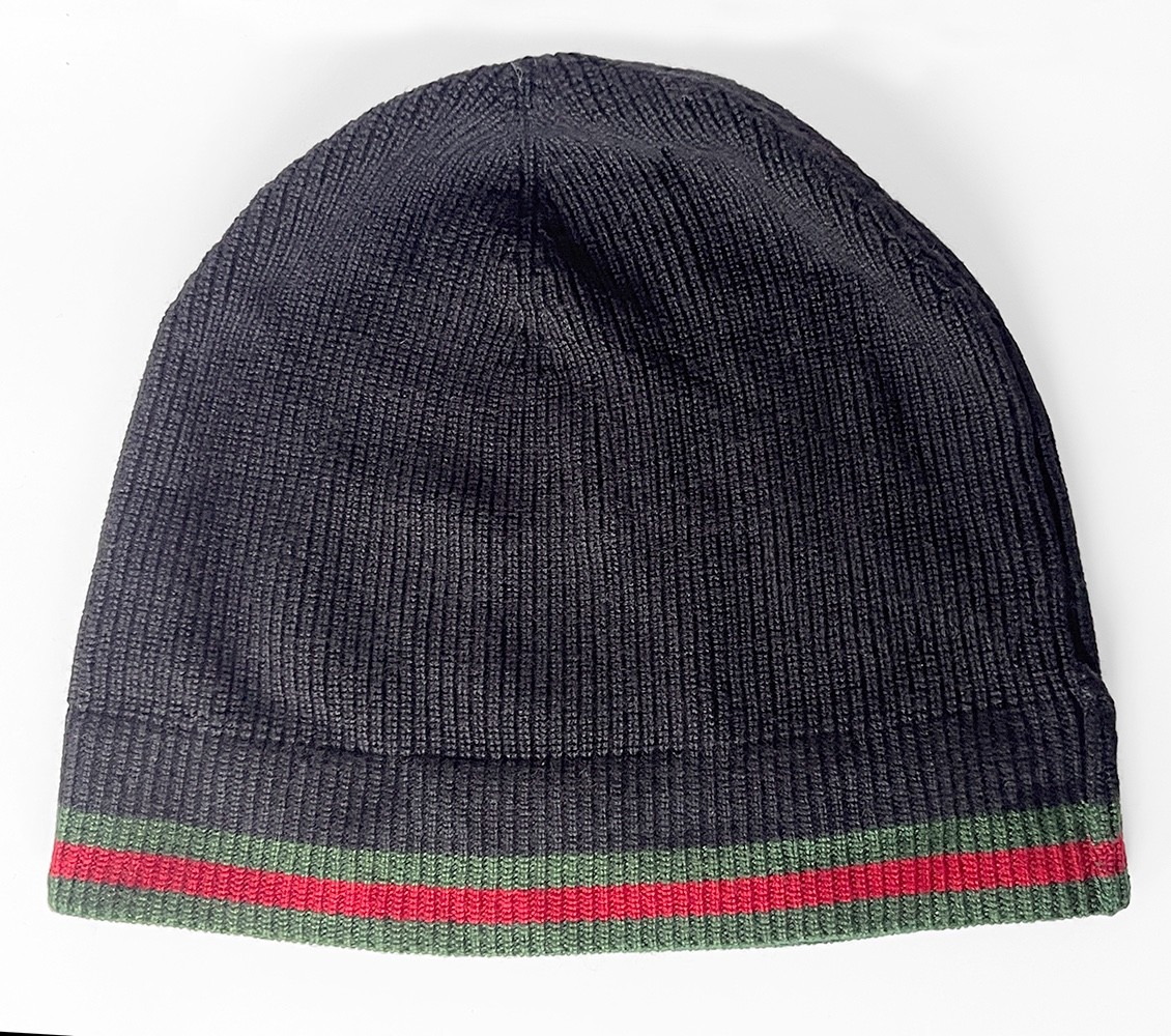 Gucci Wool Beanie Hat – Black with Green & Red Striped Band – Unisex