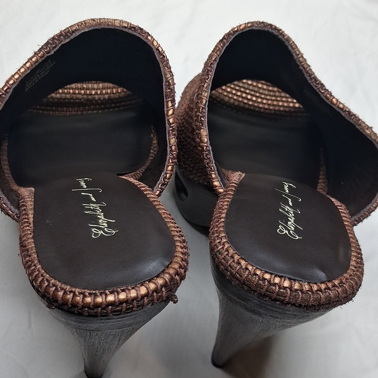 Elizabeth and James Bronze Leather Woven Platform Mule Open Toe Stiletto 7.5