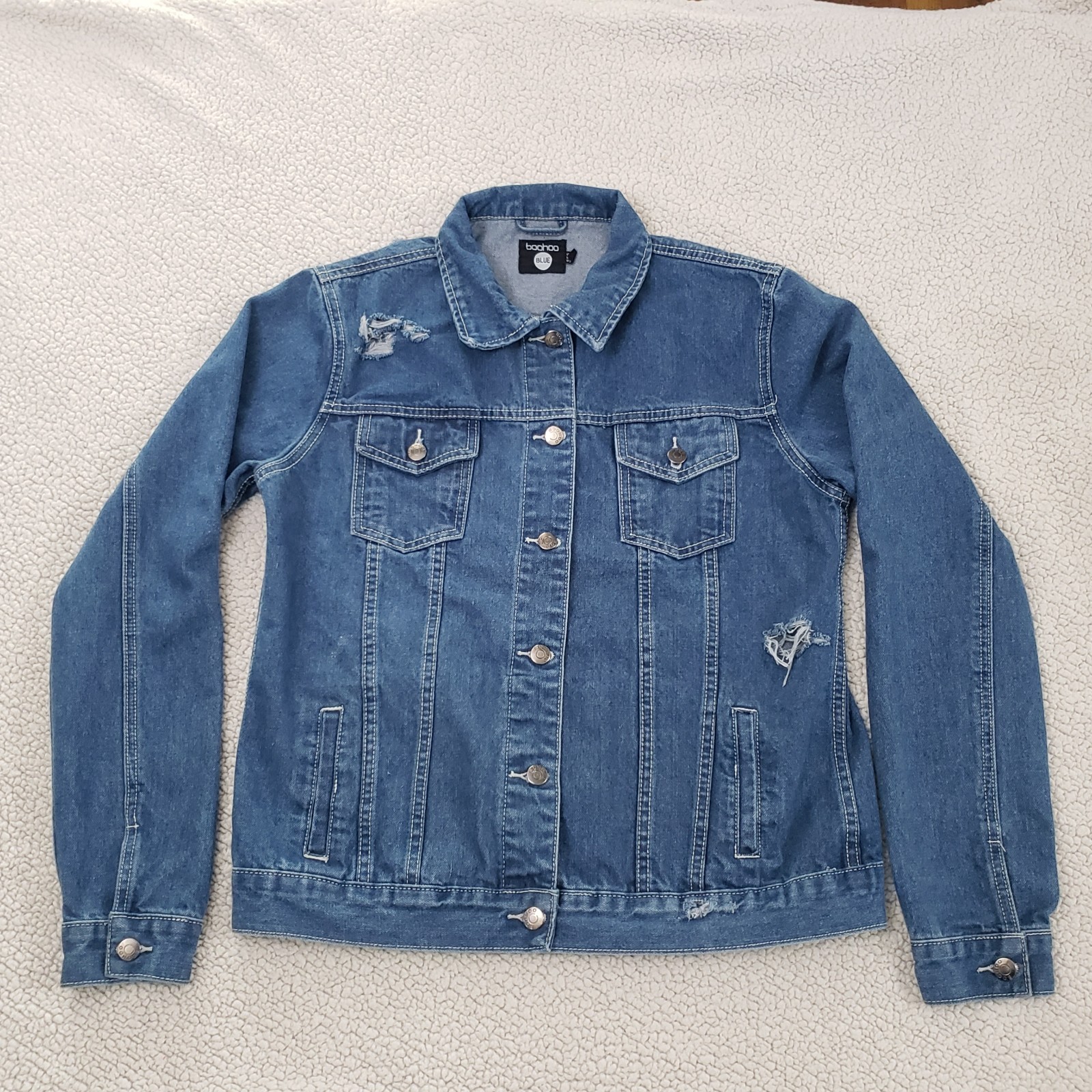 BOOHOO Distressed Blue Denim Jacket | 8