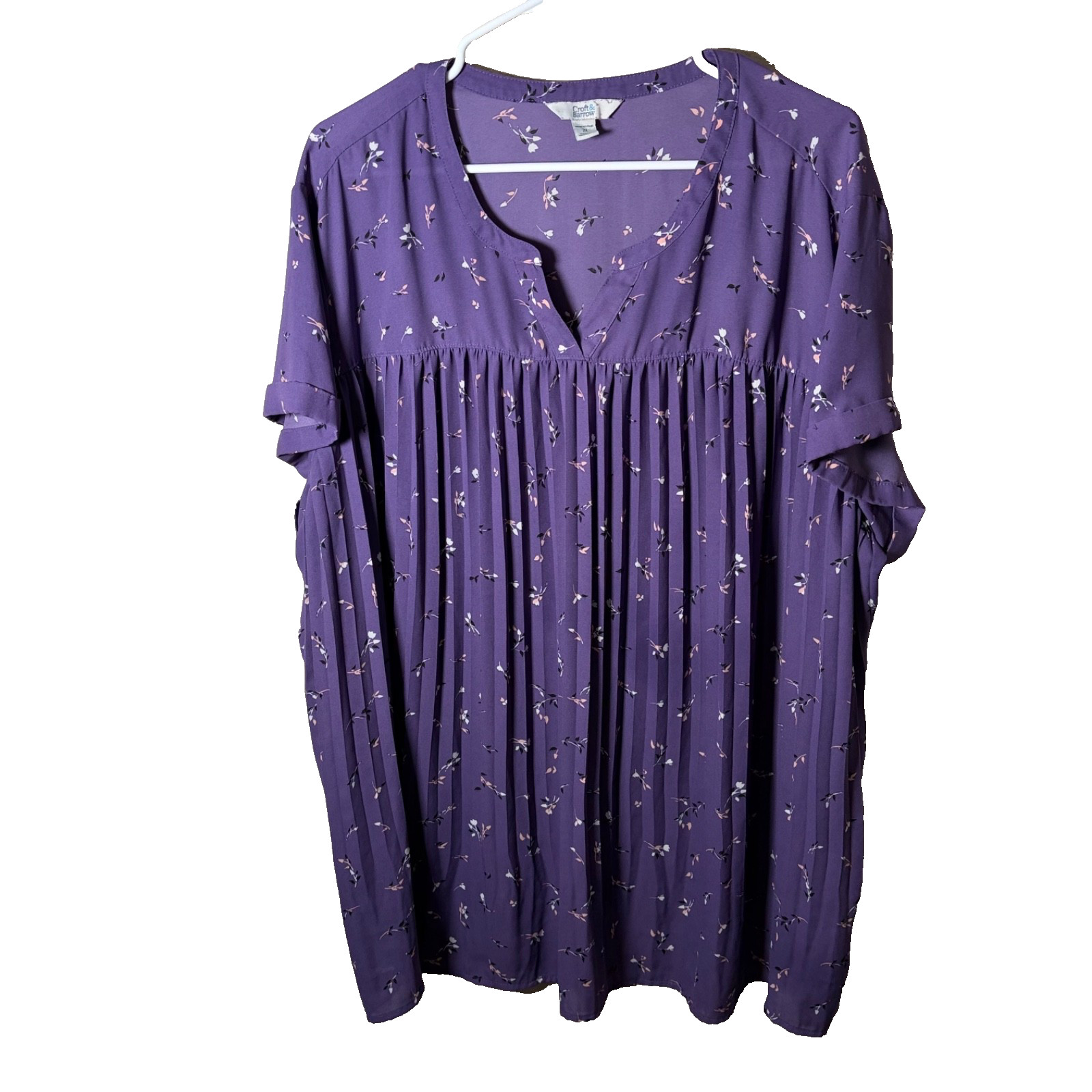 Croft & Barrow Blouse Women’s 2X Purple Floral Short Sleeve Pleated V-Neck Shirt