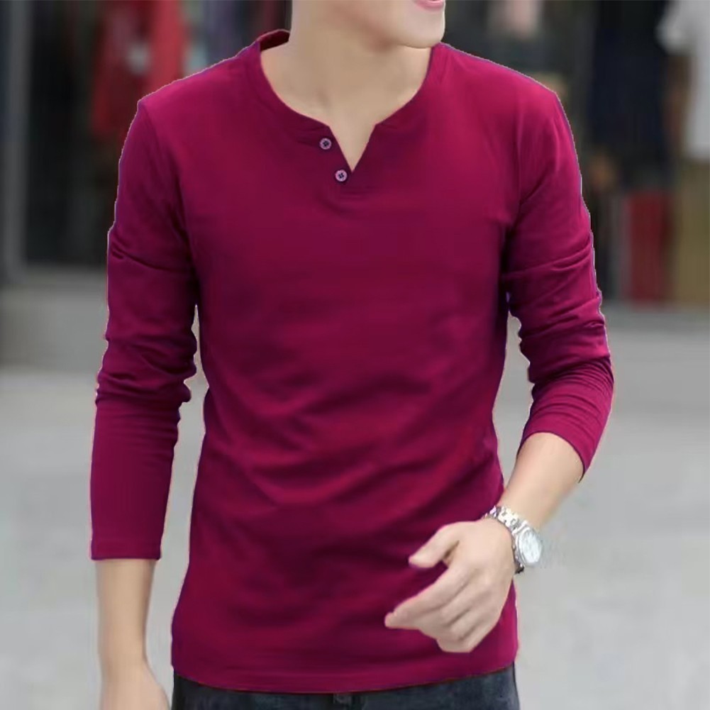 Stylish Men’s Button V Neck Henley T Shirt Slim Bottoming Tops Long Sleeve