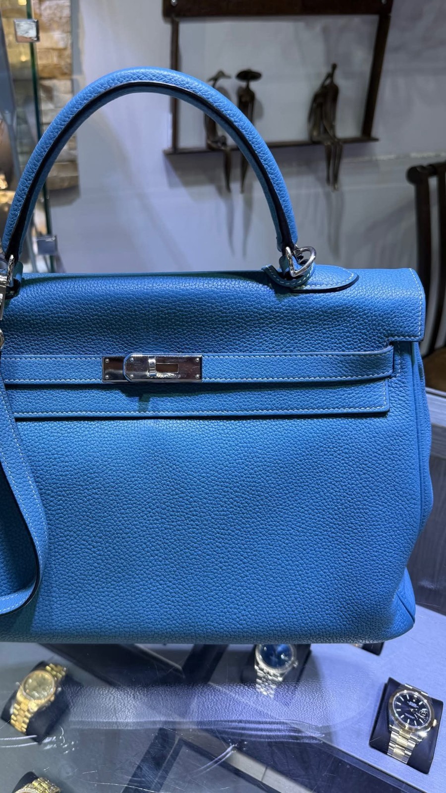 BLUE HERMÈS KELLY 32 SILVER HARDWARE