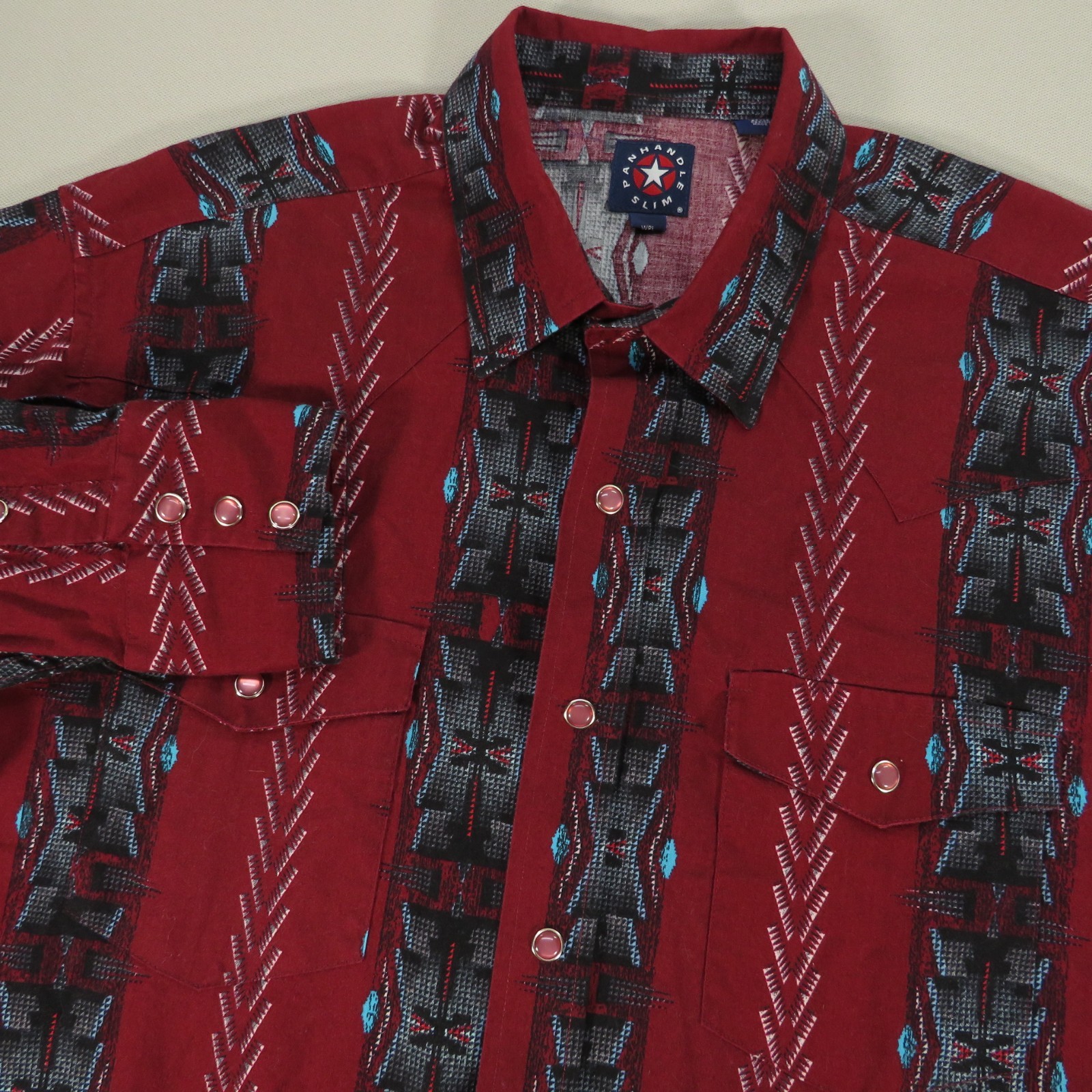 Panhandle Slim Shirt Men XL Western Pearl Snap Long Sleeve Aztec Print Red Rodeo