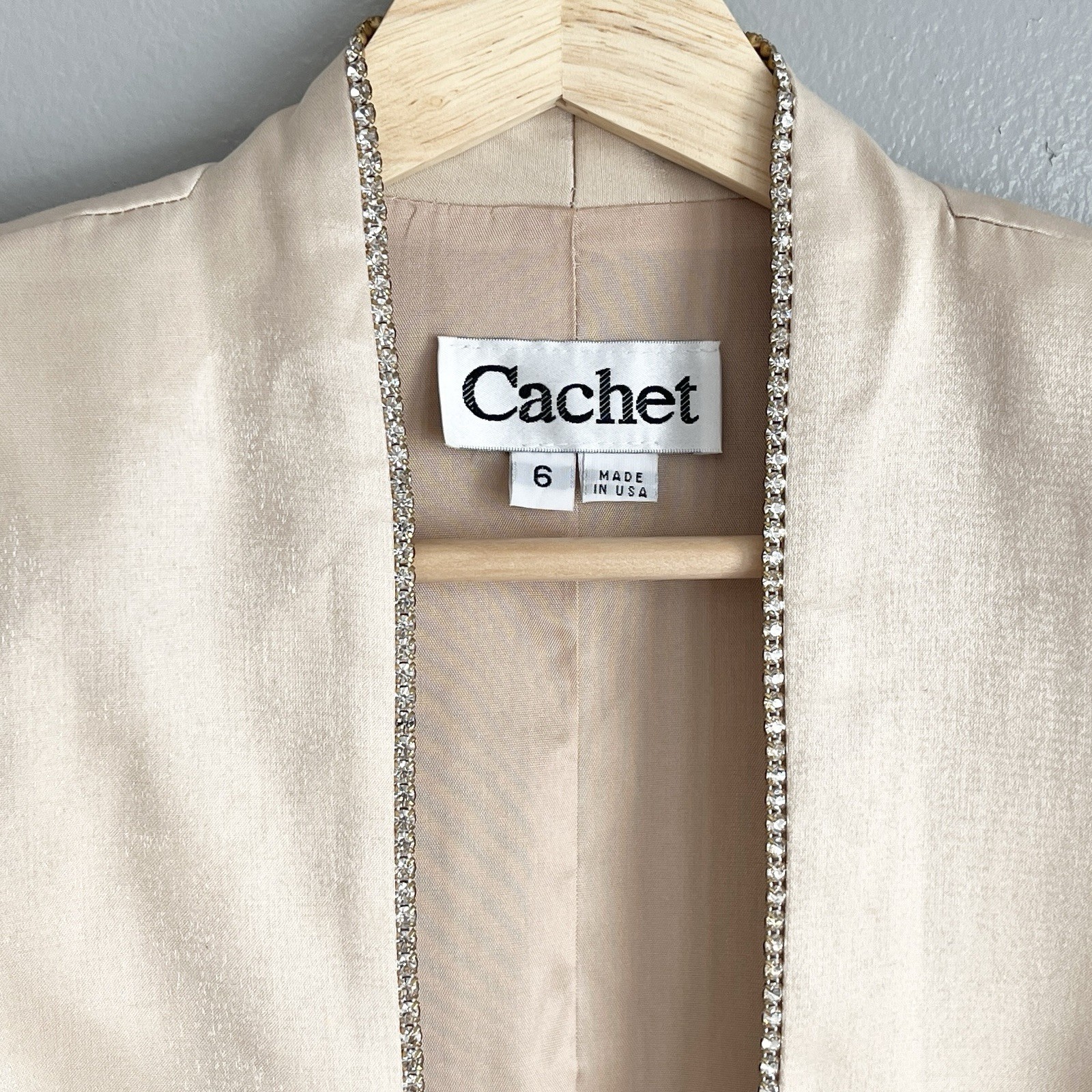Vintage Cachet Blazer Jacket Beige Tan One Button Rhinestone Satin USA Made 6