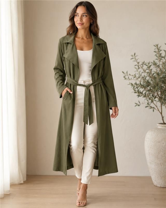 Women’s Green Long Polyester Trench Coat Solid Classic Belted Tie Closure Size L