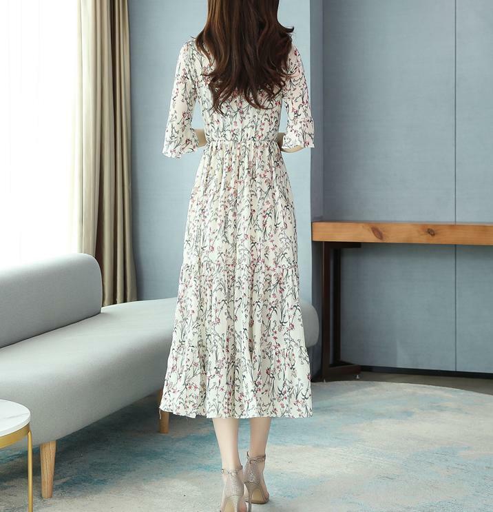 Women’s Floral Print V-Neck 3/4 Sleeve Beach Chiffon Long Maxi Dress Slim New
