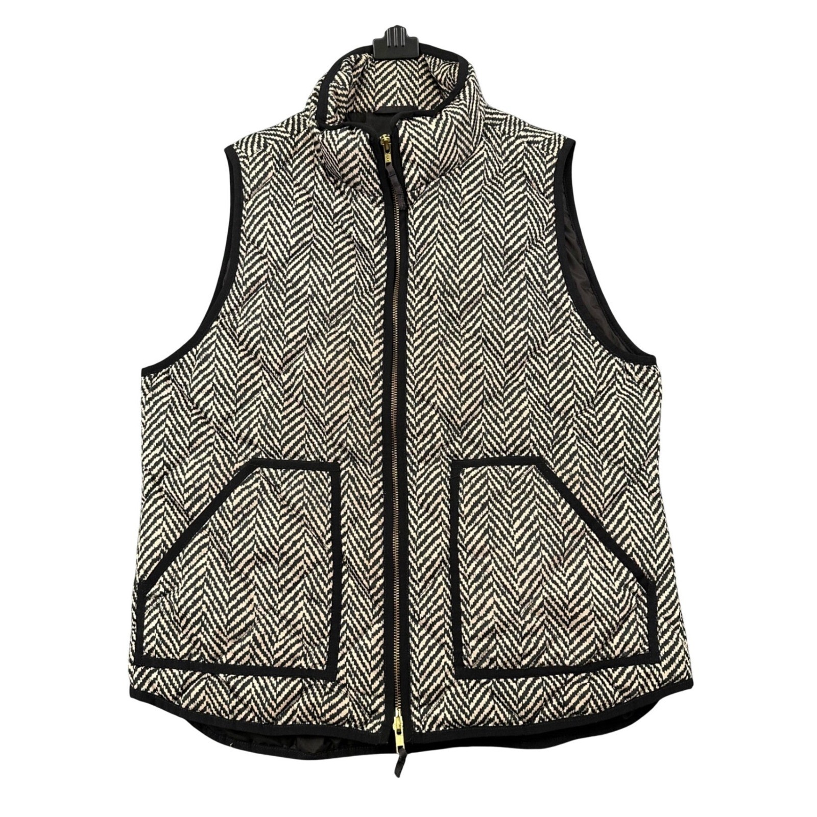 J. Crew Excursion Vest Womens L Grey Quilted Herringbone Down Filled Black Cream