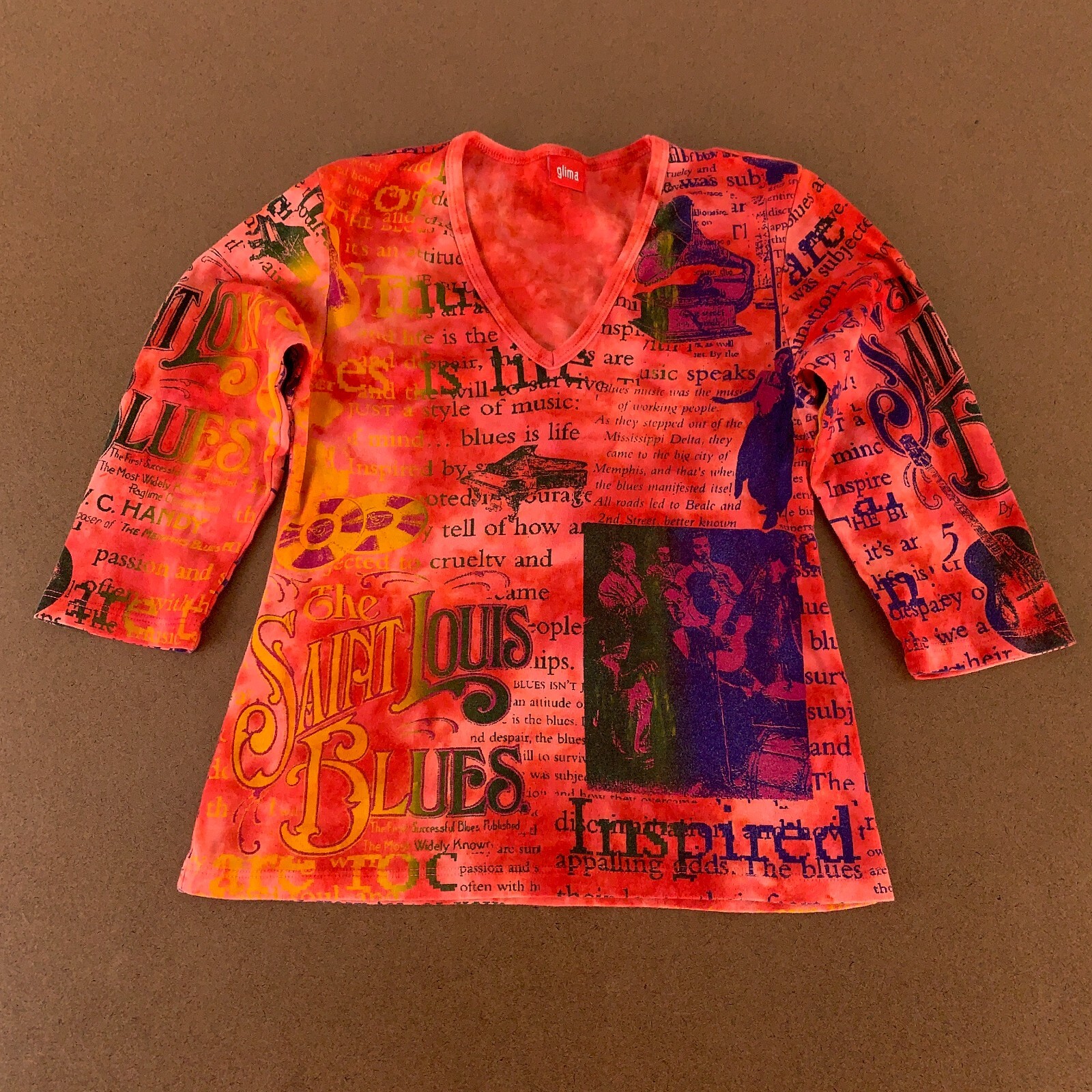 Glima Women’s Size Small Colorful Print St Louis Blues 3/4 Sleeve V Neck Top
