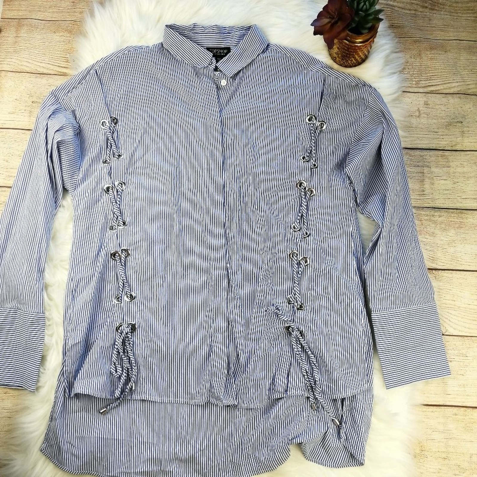 TOPSHOP Striped Button Down Blouse Lace up Sides Size 10