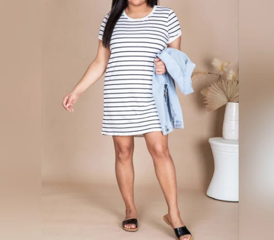 Pink Lily Blissful Days White/Black Striped T-Shirt‎ Dress 3X