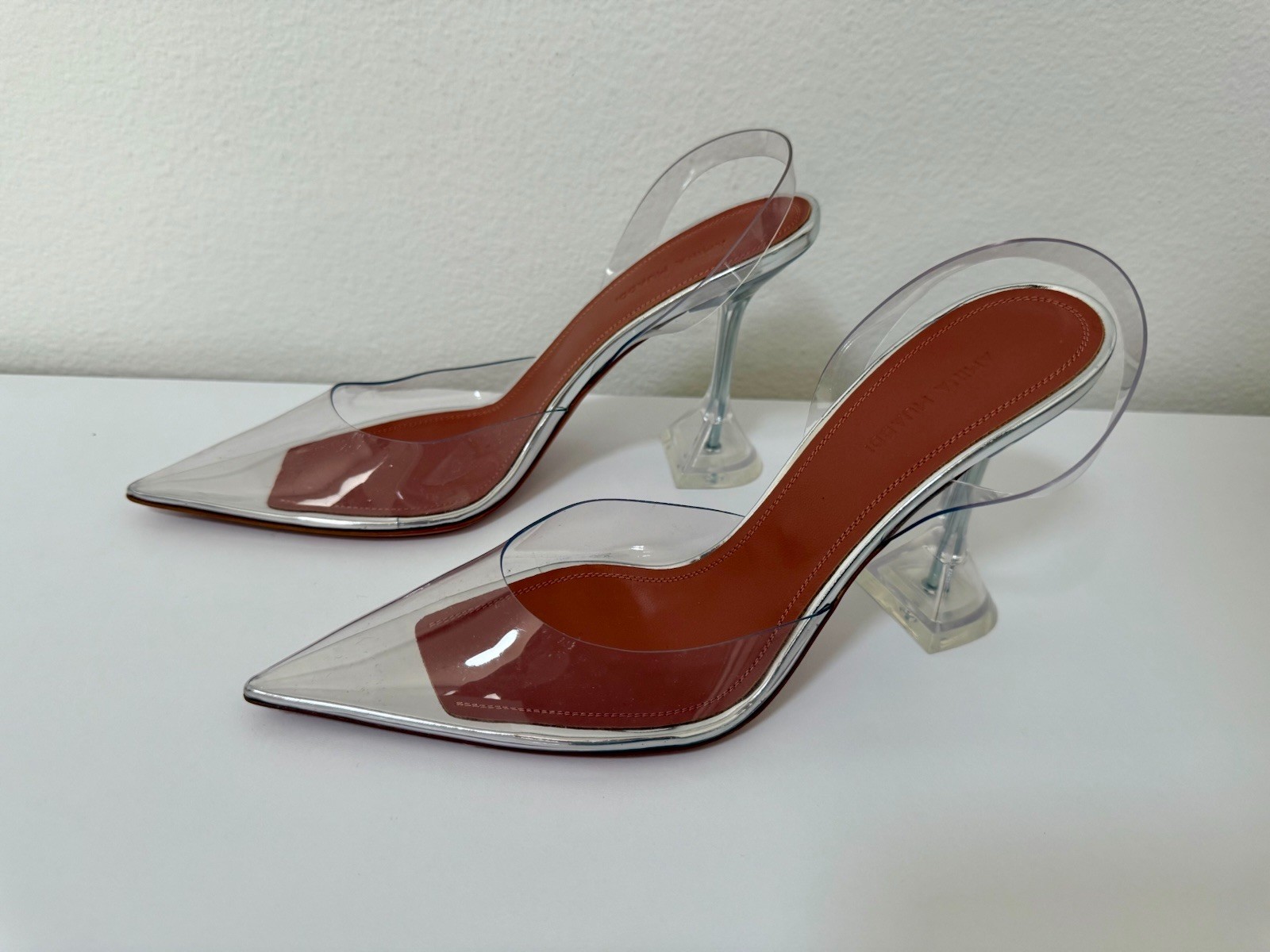 Amina Muaddi Transparent PVC Slingback Pumps Clear Silver Size 38.5 NEW
