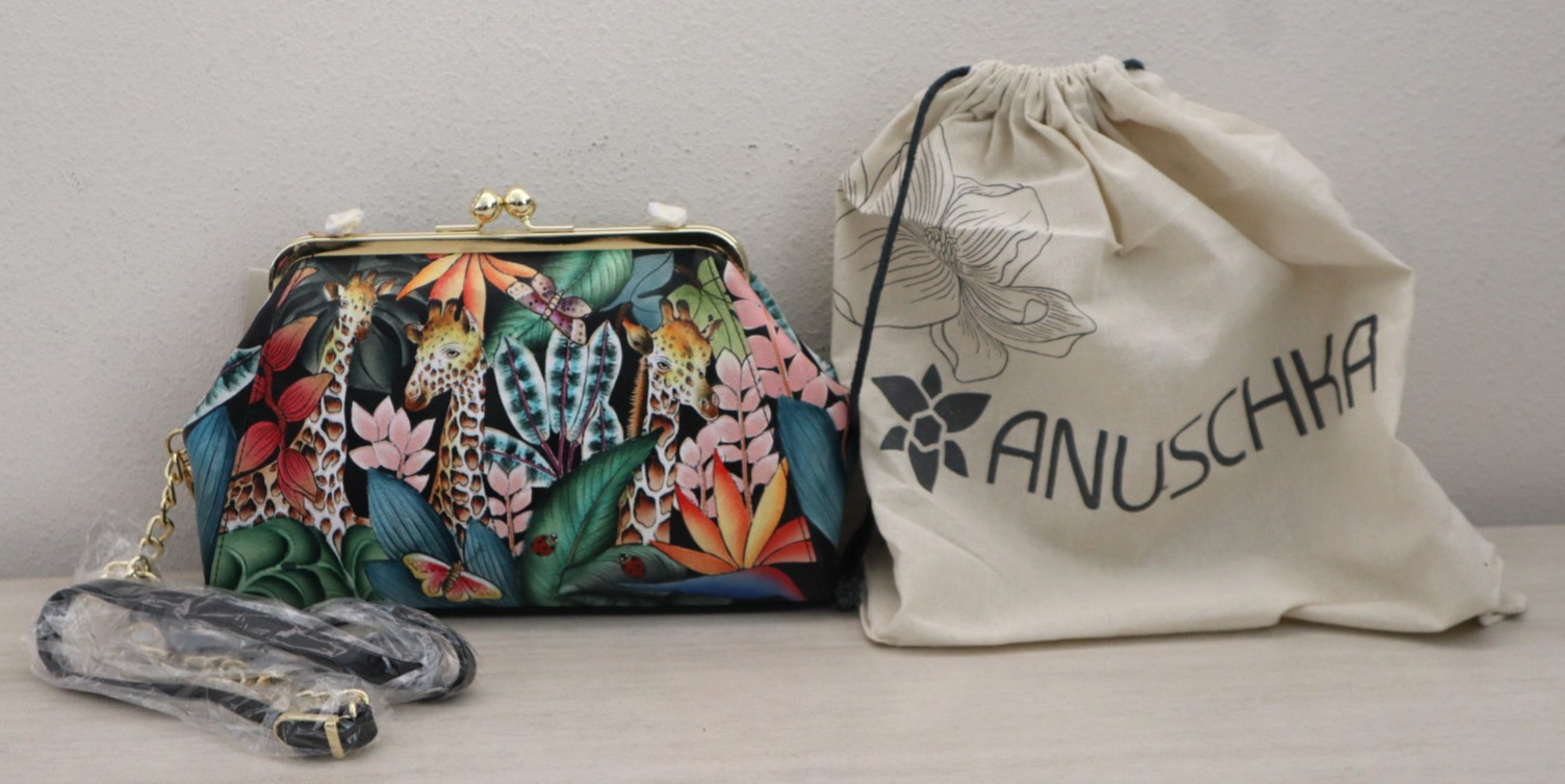 Anuschka Jungle Hand-Painted Leather Kiss Lock Clutch Crossbody Shoulder Bag$298