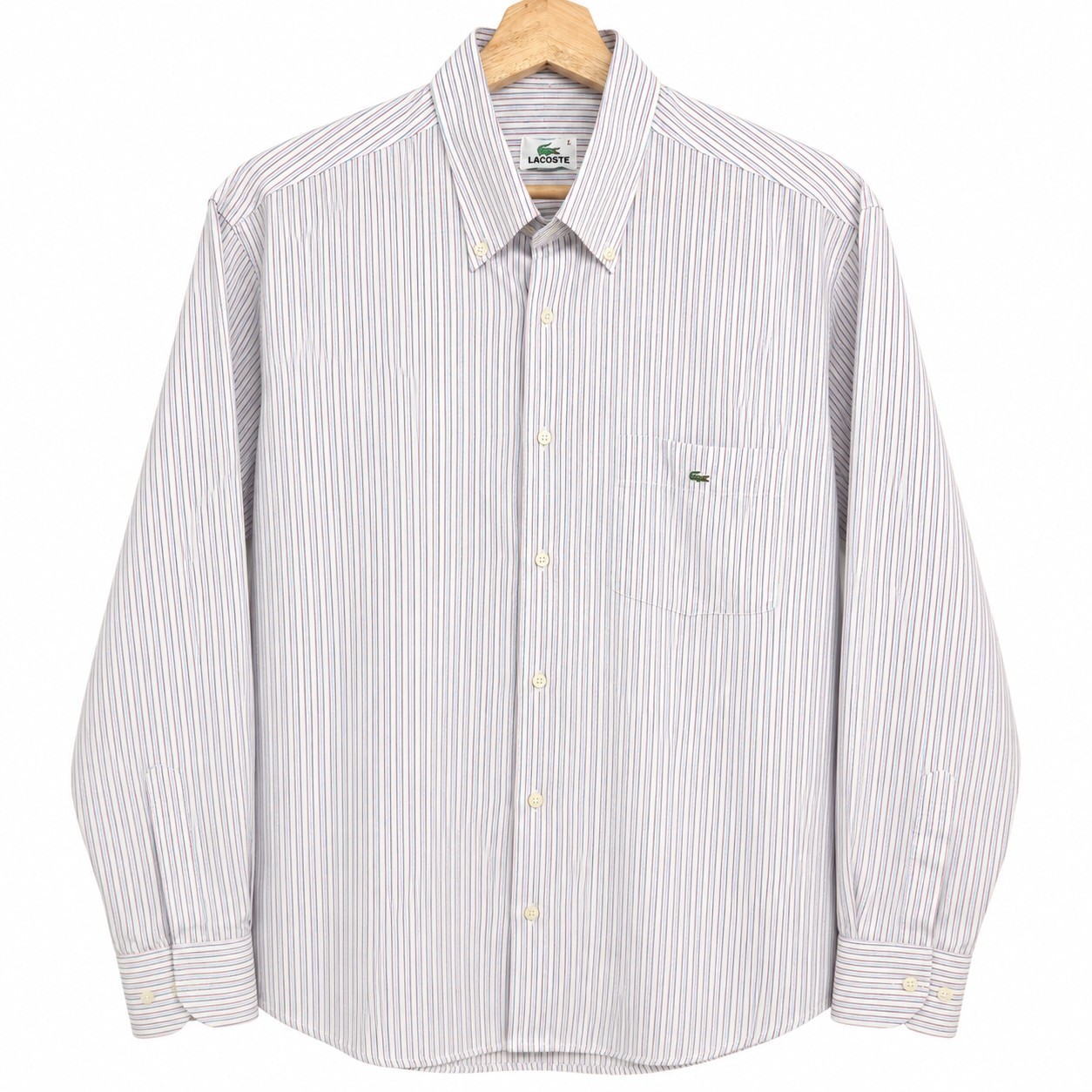 Lacoste Men’s Large 100% Cotton Striped Button Front Dress Shirt Pocket Logo