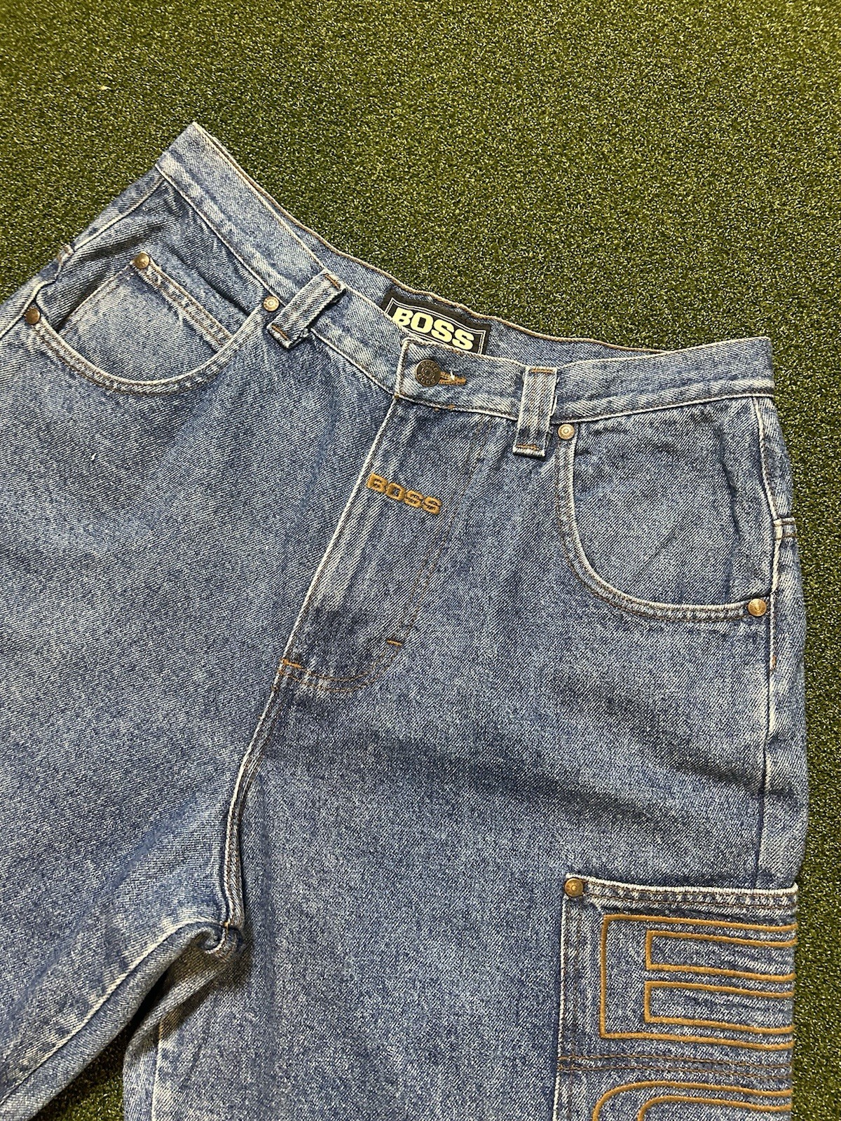 Vintage 90’s BOSS Baggy Embroidered Jeans Gold Retro 34×30 Skate Grunge Hip Hop